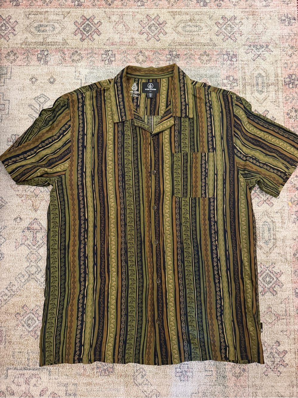 Volcom Men's Olive, Brown & Black Vertical Stripe Camp Shirt